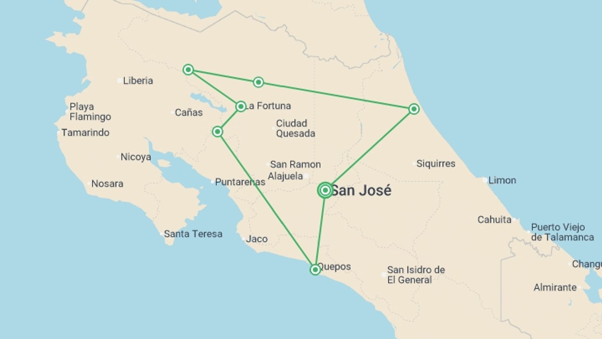 A map showing the tour itinerary for the trip: Classic Costa Rica, starting in San Jose, Costa Rica and ending in San Jose, Costa Rica going through 9 other destinations.