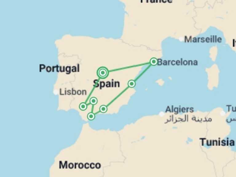 Map itinerary of Spain Tour in August 2026 with 7 destination visits for the trip: 9 Day Guided Tour Andalusia And Mediterranean Coast From Madrid (c-692)