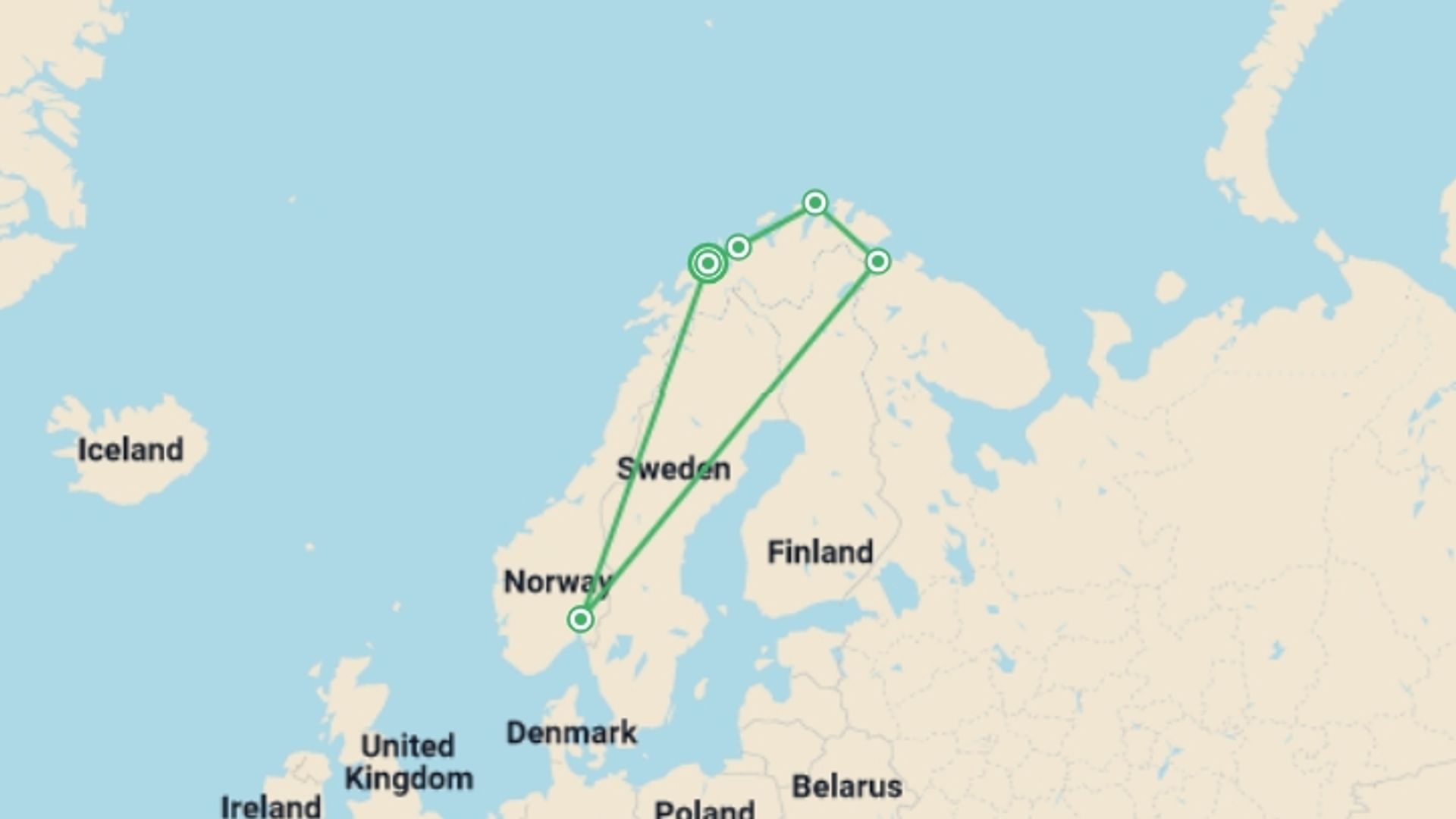 A map showing the tour itinerary for the trip: Norway Fjords and Northern Lights, starting in Tromso, Norway and ending in Tromso, Norway going through 4 other destinations.