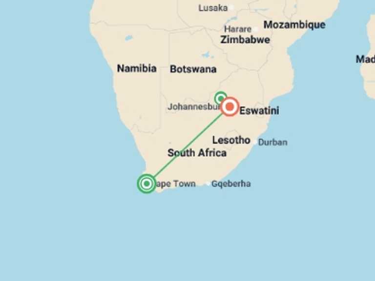 Map itinerary of Cape Town Tour in Fall with 3 destination visits for the trip: Cape Town and Sun City