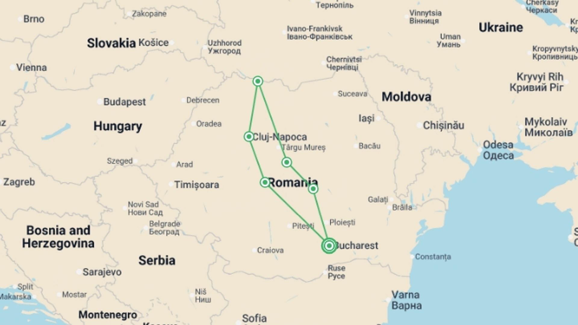A map showing the tour itinerary for the trip: Timeless Romania - 8 days, starting in Bucharest, Romania and ending in Bucharest, Romania going through 5 other destinations.
