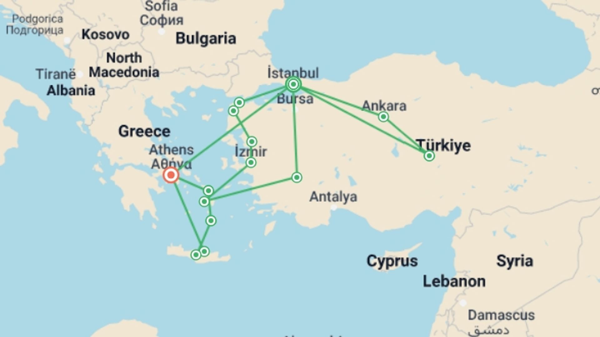 A map showing the tour itinerary for the trip: The Great Odyssey, starting in Istanbul, Turkey and ending in Athens, Greece going through 9 other destinations.