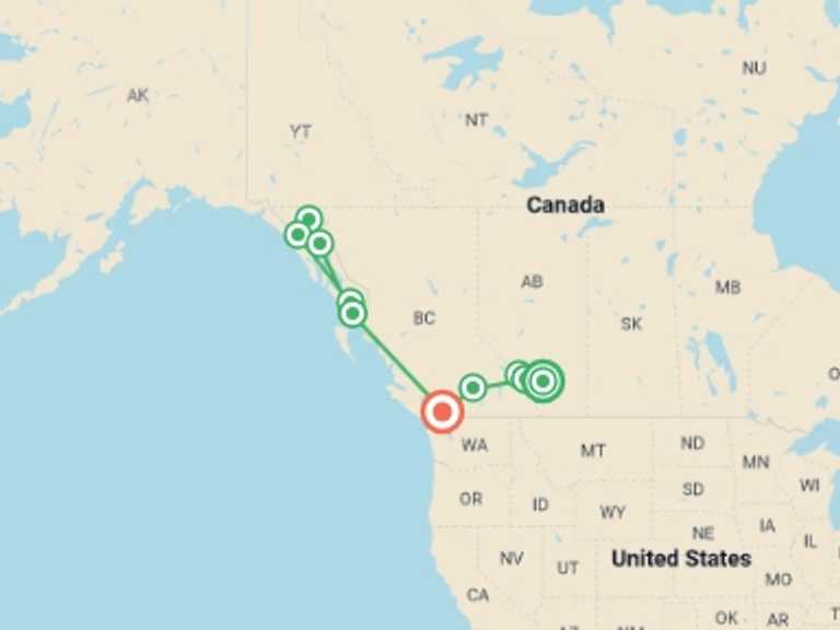 Map itinerary of Canada Tour in Fall with 11 destination visits for the trip: Canadian Rockies and Alaska's Inside Passage featuring Rocky Mountaineer and a 7-night Alaska Cruise