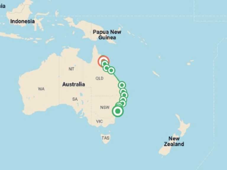 Map of Oceania Tour with 13 destination visits for the trip: East Coast Australia Adventure