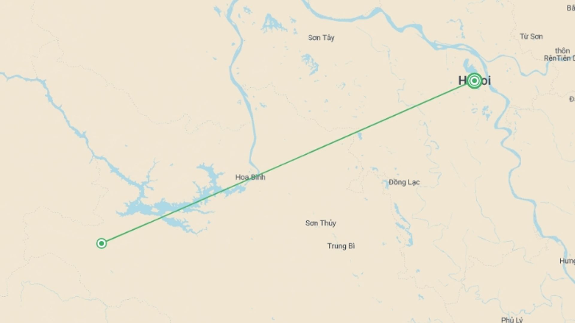 A map showing the tour itinerary for the trip: Adventure In Mai Chau 2 Days 1 Night, starting in Hanoi, Vietnam and ending in Hanoi, Vietnam going through 1 other destinations.