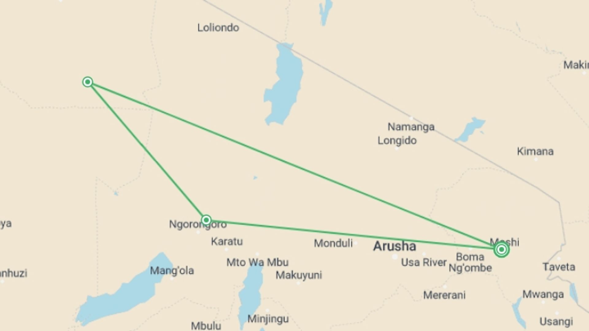 A map showing the tour itinerary for the trip: Three-Day Safari: Serengeti & Ngorongoro, starting in Moshi, Tanzania and ending in Moshi, Tanzania going through 2 other destinations.