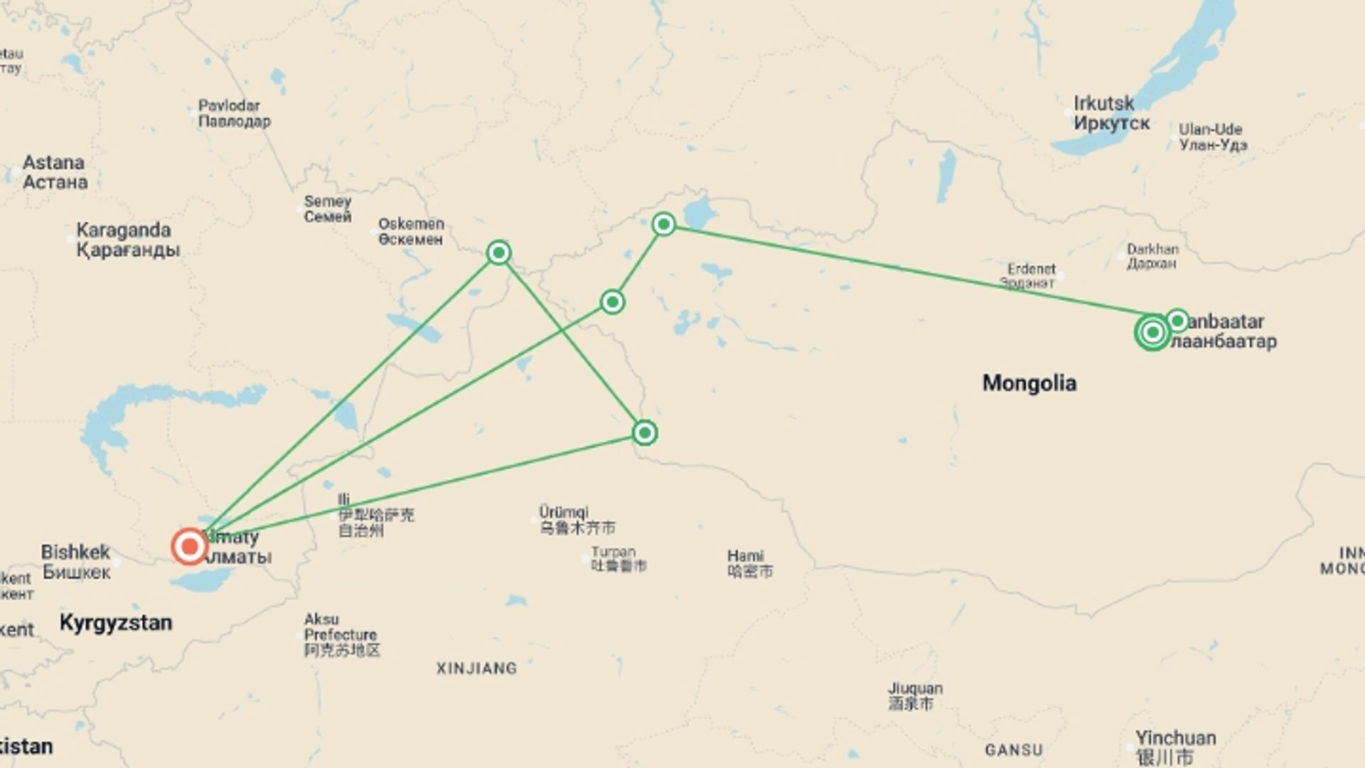 A map showing the tour itinerary for the trip: Eastern Approaches, starting in Ulaanbaatar, Mongolia and ending in Almaty, Kazakhstan going through 6 other destinations.
