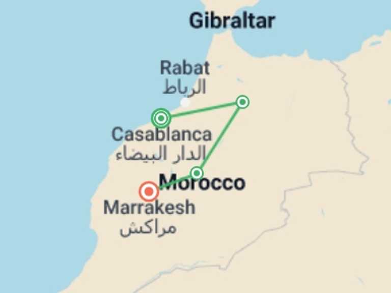 Map itinerary of Marrakech Tour in Summer with 4 destination visits for the trip: Northern Morocco: Chefchaouen, Fes & the Rif Mountains