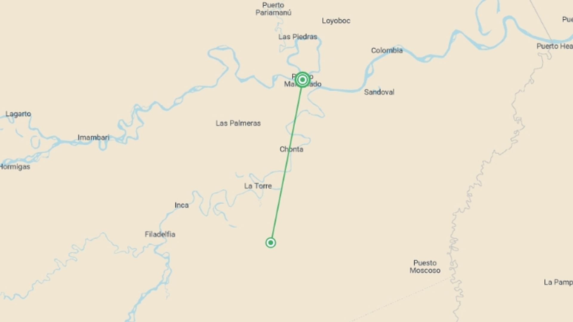 A map showing the tour itinerary for the trip: 3 Days, Experience In Reserva Amazónica (on Request), starting in Puerto Maldonado, Peru and ending in Puerto Maldonado, Peru going through 1 other destinations.