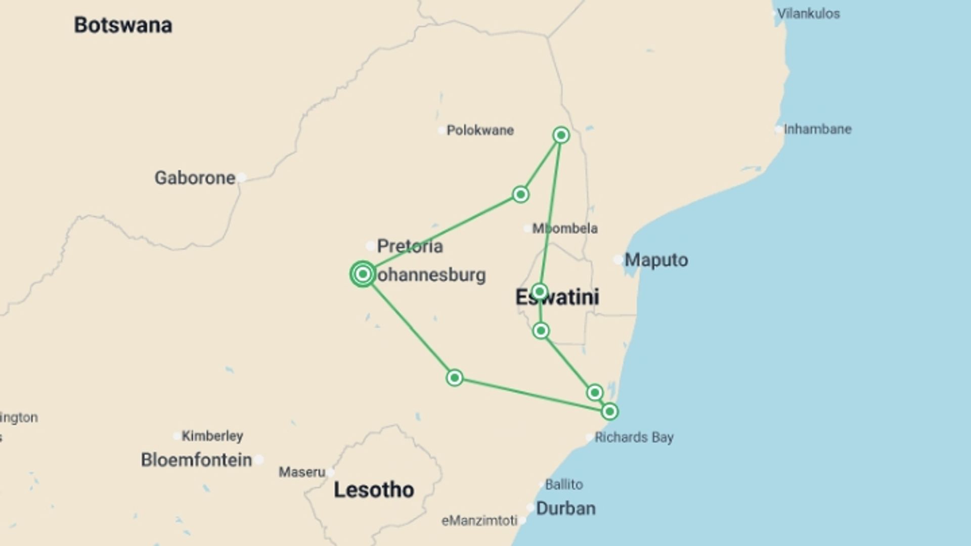 A map showing the tour itinerary for the trip: South Africa & Eswatini, starting in Johannesburg, South Africa and ending in Johannesburg, South Africa going through 7 other destinations.