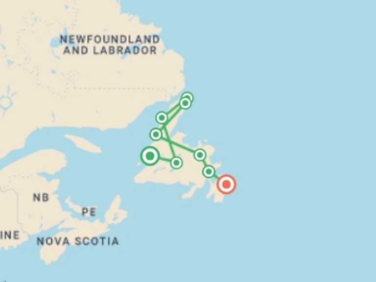 Map of 12-Day Canada Tour with 10 destination visits for the trip: Newfoundland Explorer - 12 days