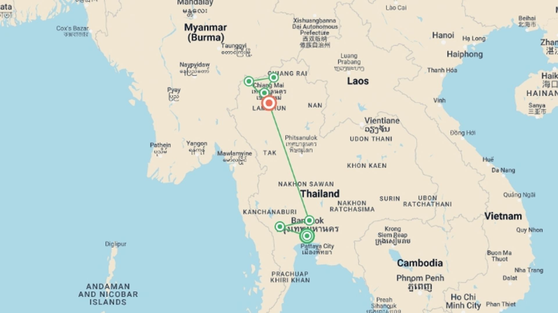 A map showing the tour itinerary for the trip: Northern Thailand Adventure, starting in Bangkok, Thailand and ending in Chiang Mai, Thailand going through 5 other destinations.