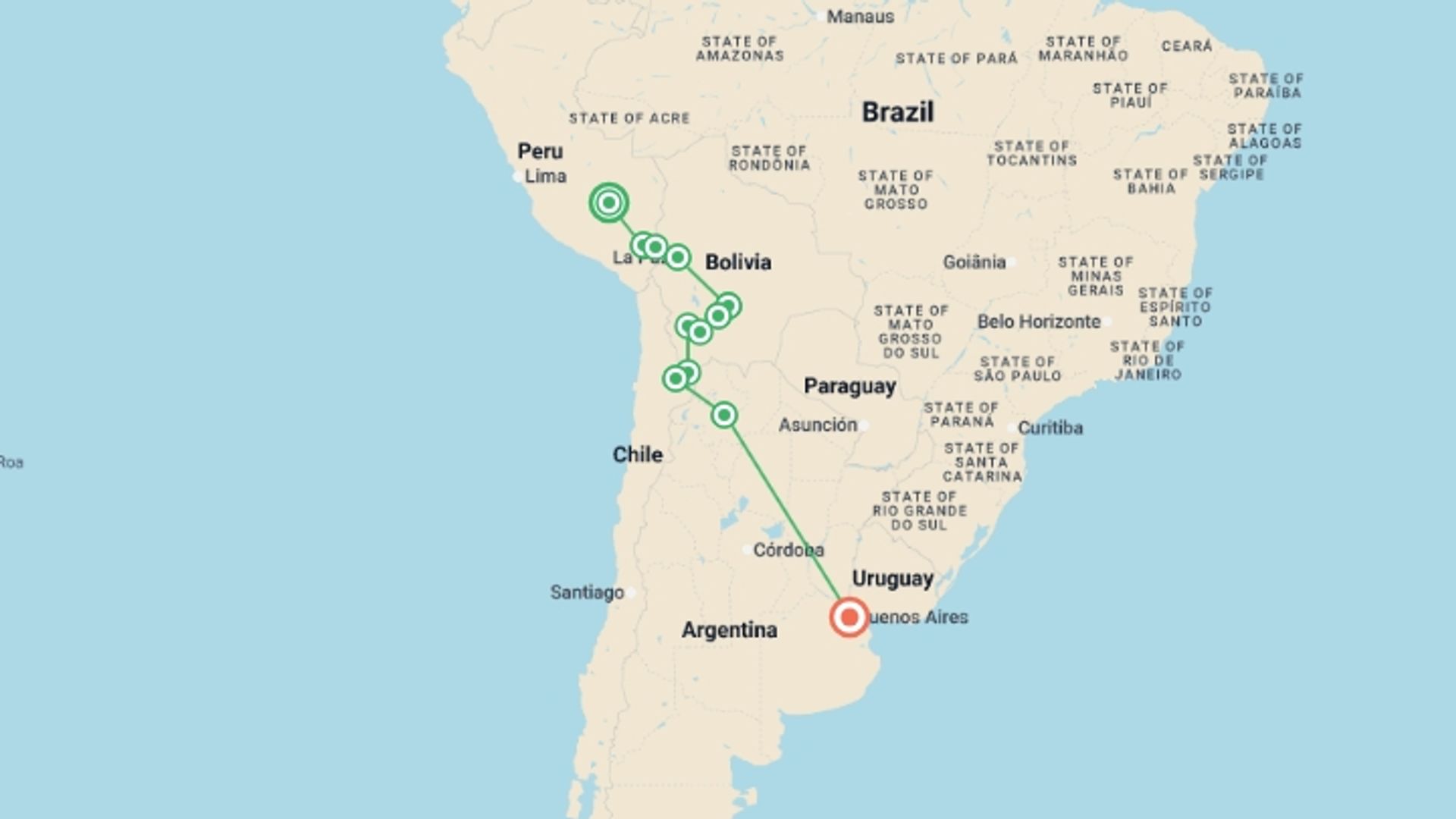 A map showing the tour itinerary for the trip: Cusco to Buenos Aires, starting in Cusco, Peru and ending in Buenos Aires, Argentina going through 10 other destinations.