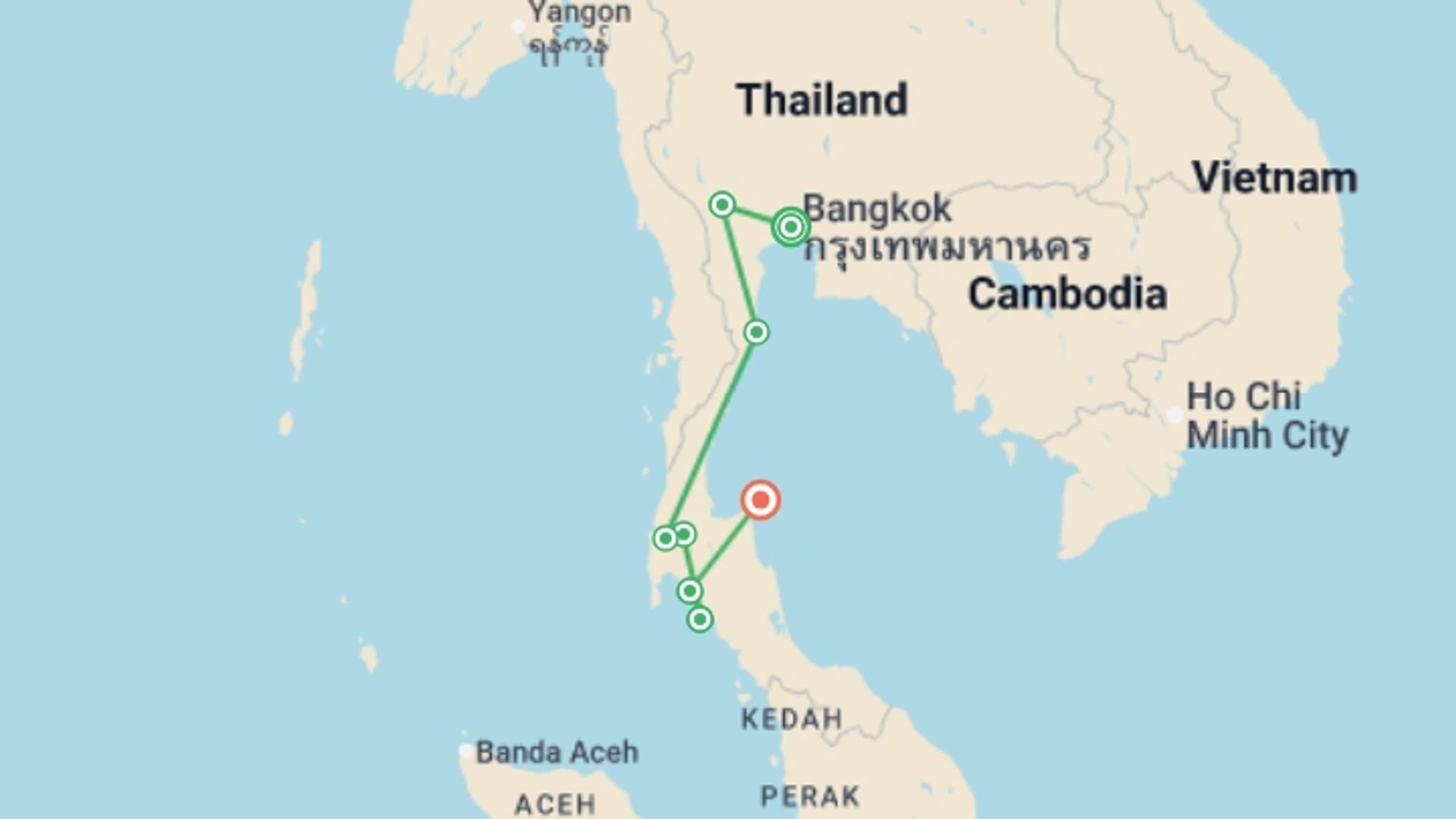 A map showing the tour itinerary for the trip: Discover Thailand, starting in Bangkok, Thailand and ending in Koh Samui, Thailand going through 6 other destinations.
