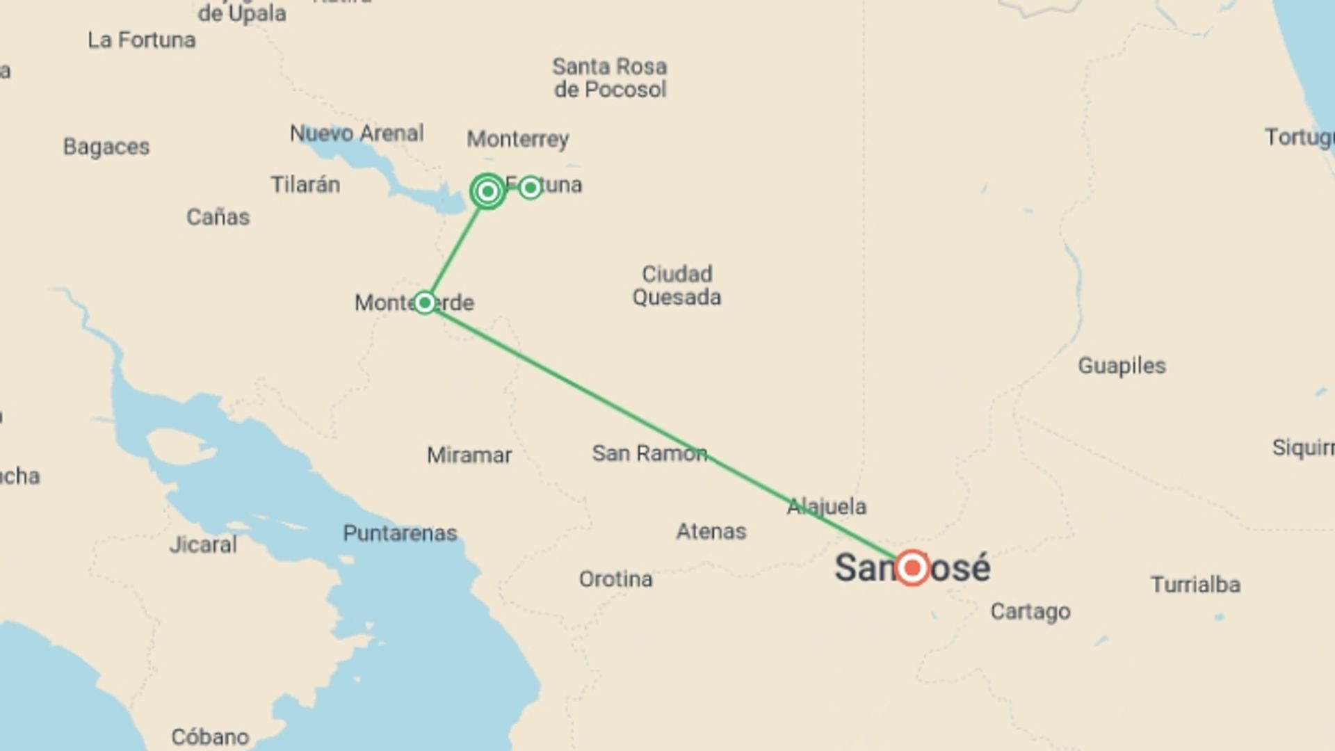 A map showing the tour itinerary for the trip: Arenal And Monteverde, Short Break, starting in Arenal Volcano, Costa Rica and ending in San Jose, Costa Rica going through 3 other destinations.