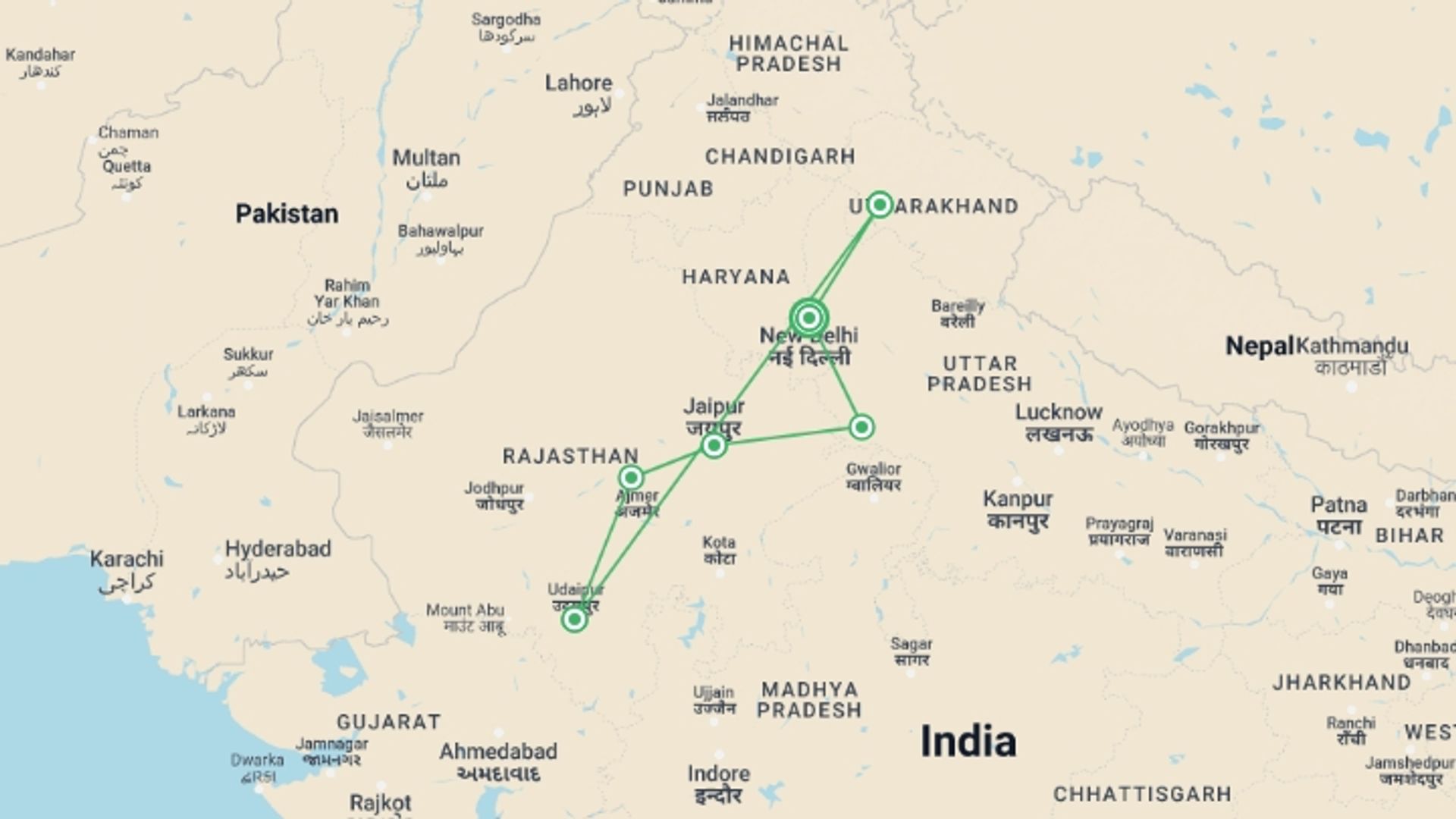 A map showing the tour itinerary for the trip: Eat Pray Love: The Spiritual Wellness, starting in New Delhi, India and ending in New Delhi, India going through 6 other destinations.