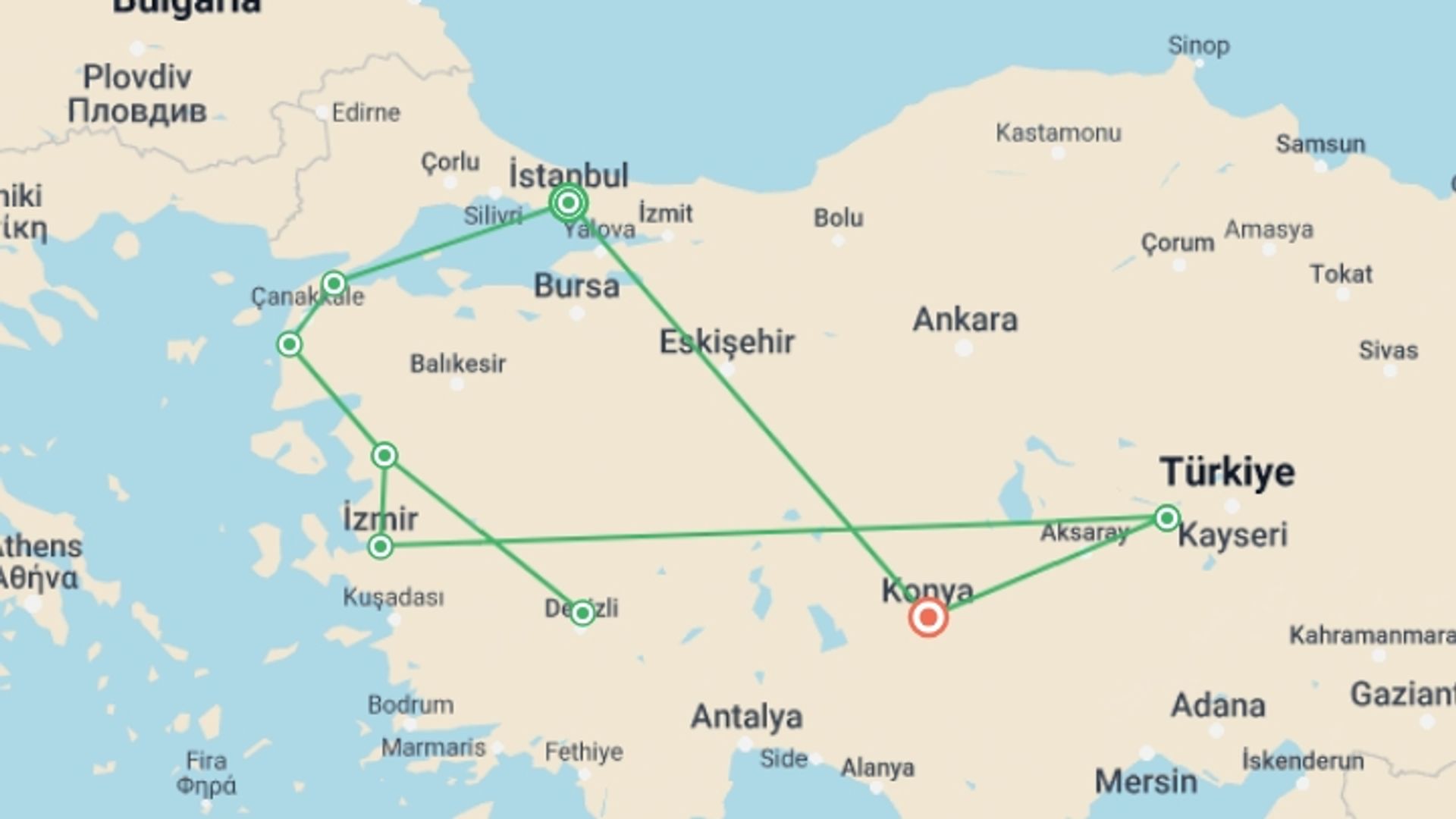 A map showing the tour itinerary for the trip: 10 Day Highlights of Turkey Tour, starting in Istanbul, Turkey and ending in Konya, turkey going through 5 other destinations.