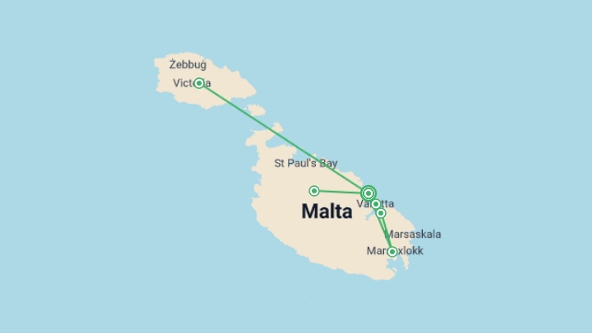 A map showing the tour itinerary for the trip: Explore Malta And Gozo 8 Days, Self-drive, starting in Sliema, Malta and ending in Sliema, Malta going through 1 other destinations.