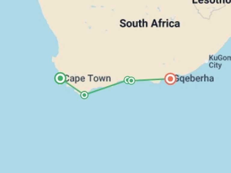 Map itinerary of South Africa Tour in November 2026 with 7 destination visits for the trip: The Garden Route - 5 days