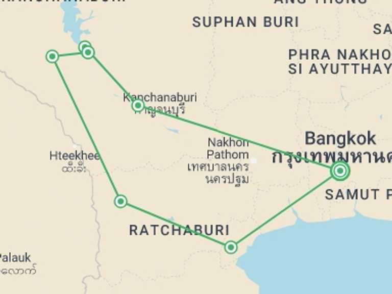 Map itinerary of Thailand Tour in November 2026 with 7 destination visits for the trip: Kanchanaburi Hills