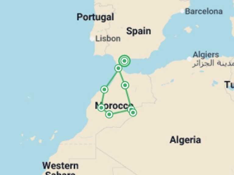 Map of Europe Tour with 8 destination visits for the trip: Morocco Explorer From Costa del Sol - 9 days 
