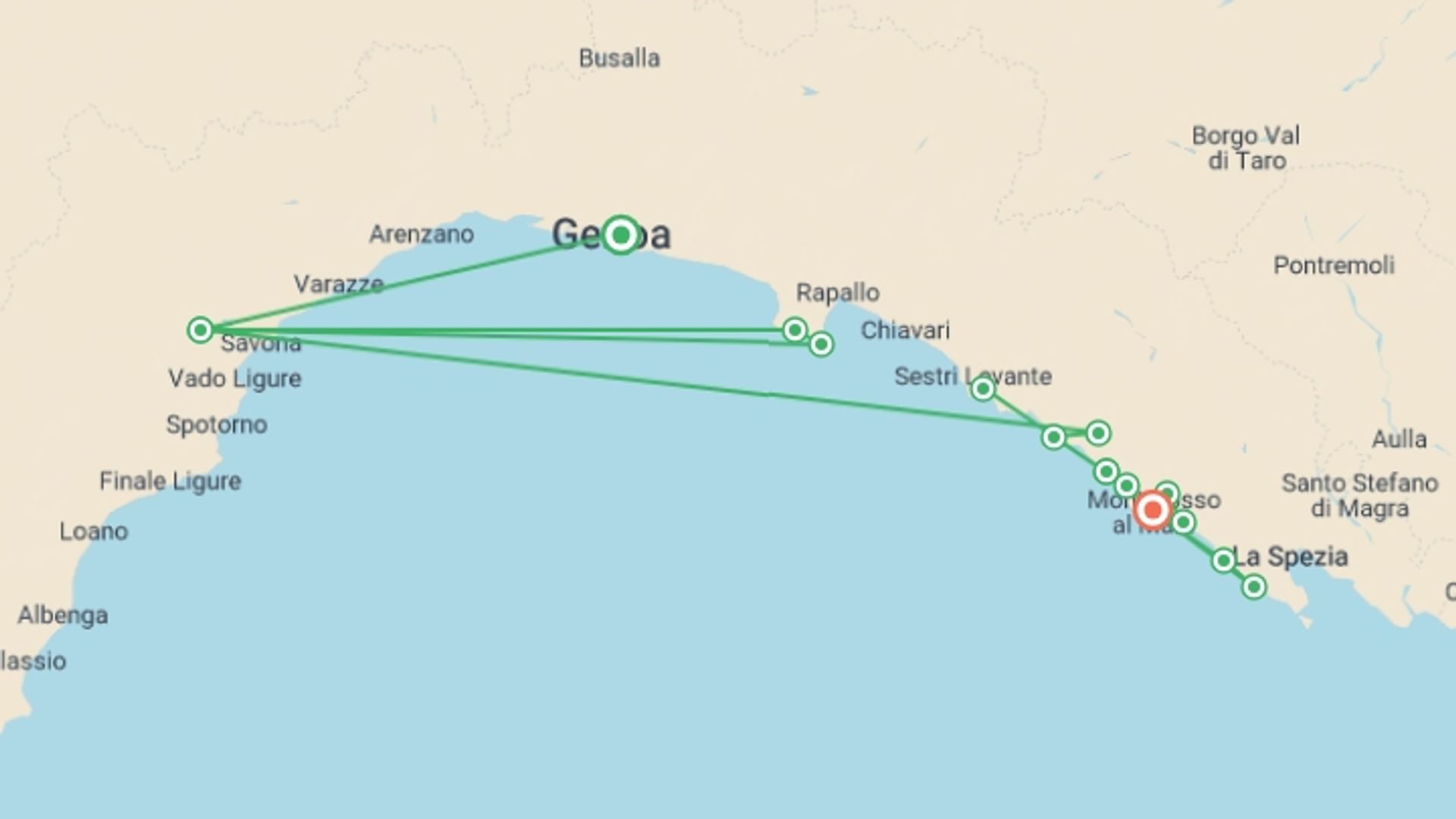 A map showing the tour itinerary for the trip: Portofino and the Cinque Terre, starting in Genoa, Italy and ending in Cinque Terre and Liguria, Italy going through 2 other destinations.