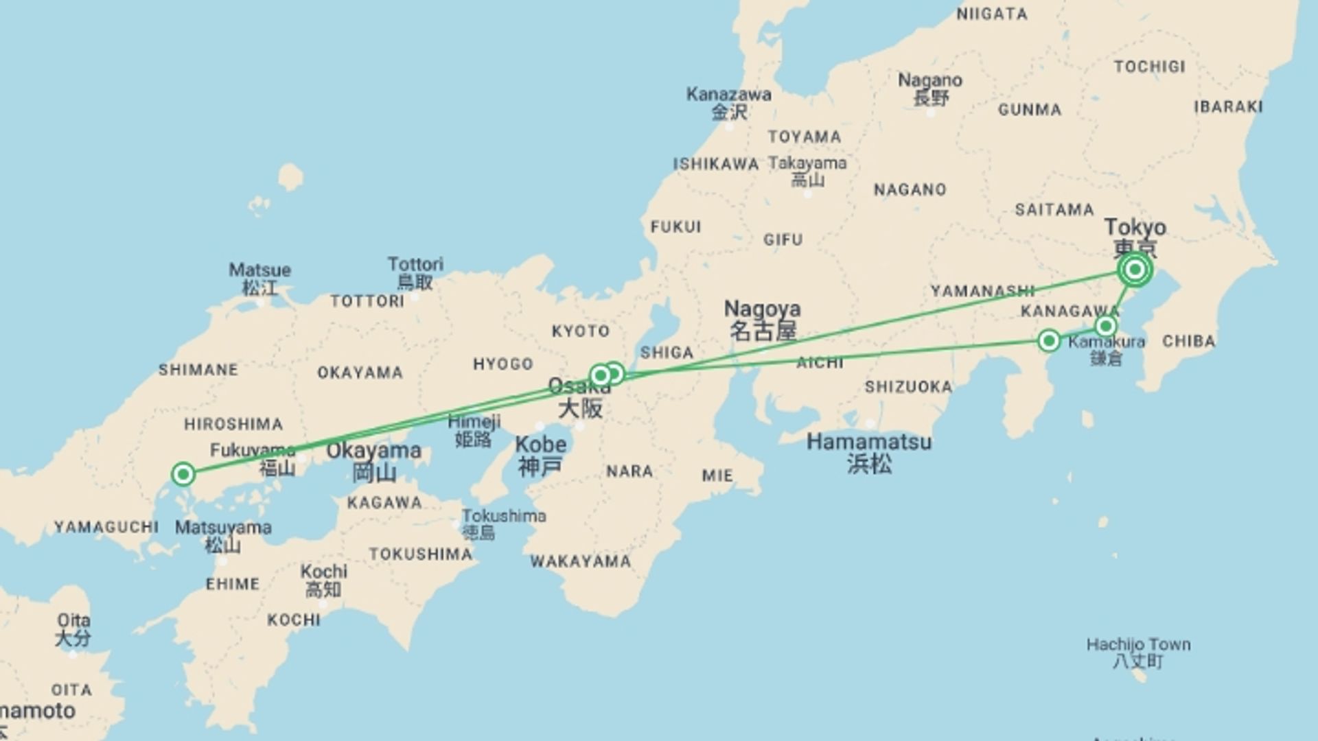 A map showing the tour itinerary for the trip: 13-day Budget Japan Tour, starting in Tokyo, Japan and ending in Tokyo, Japan going through 6 other destinations.