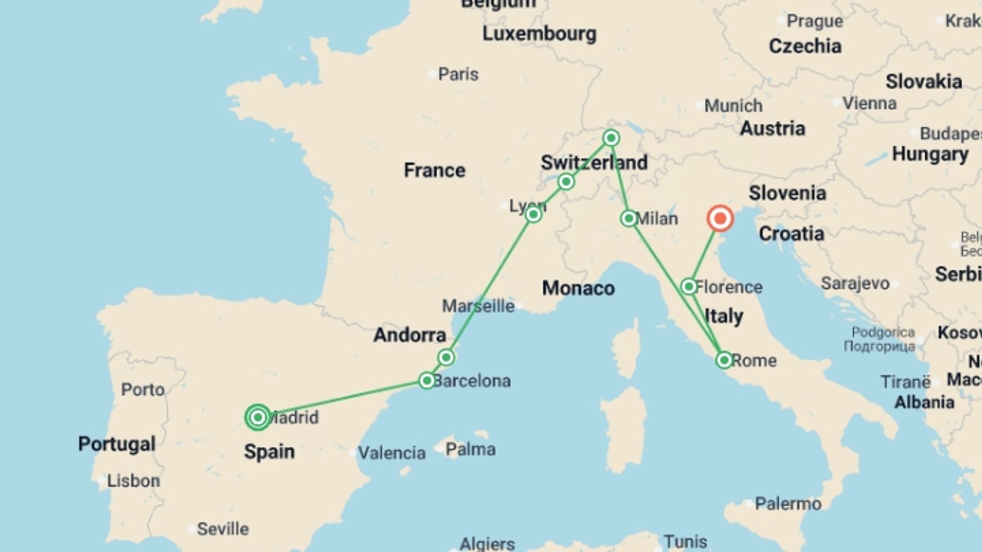 A map showing the tour itinerary for the trip: South of Europe, starting in Madrid, Spain and ending in Venice, Italy going through 8 other destinations.