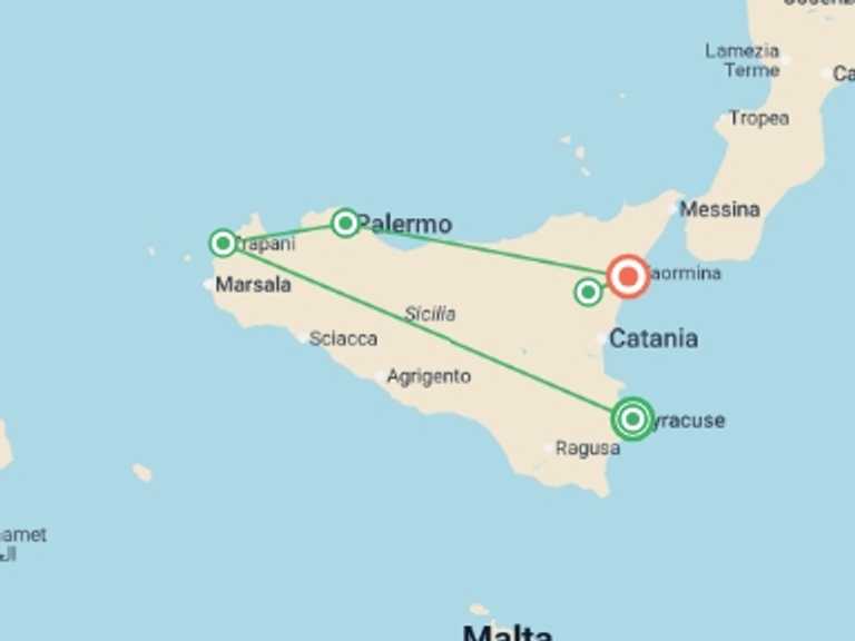 Map itinerary of Syracuse Tour in October 2026 with 7 destination visits for the trip: Classical Sicily