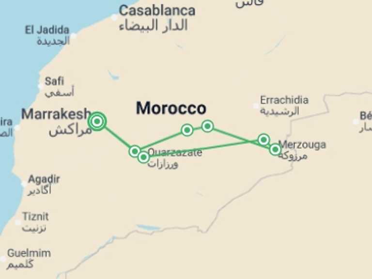 Map itinerary of Mediterranean Tour in July 2026 with 4 destination visits for the trip: Dunes And Desert Experience, Private Tour
