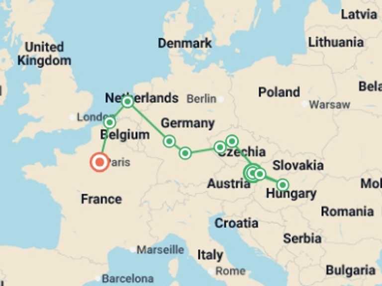 Map itinerary of Europe Tour in Summer with 6 destination visits for the trip: From East to West AR