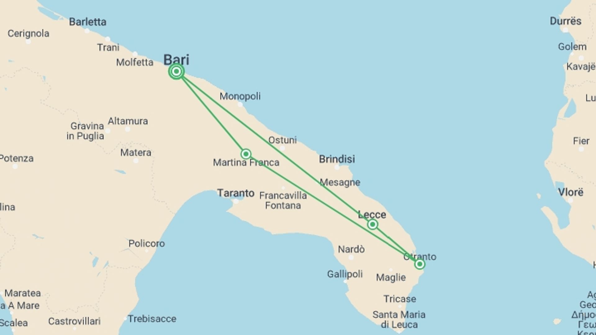 A map showing the tour itinerary for the trip: Puglian Villages Tour, Self-drive, starting in Bari, Italy and ending in Bari, Italy going through 3 other destinations.