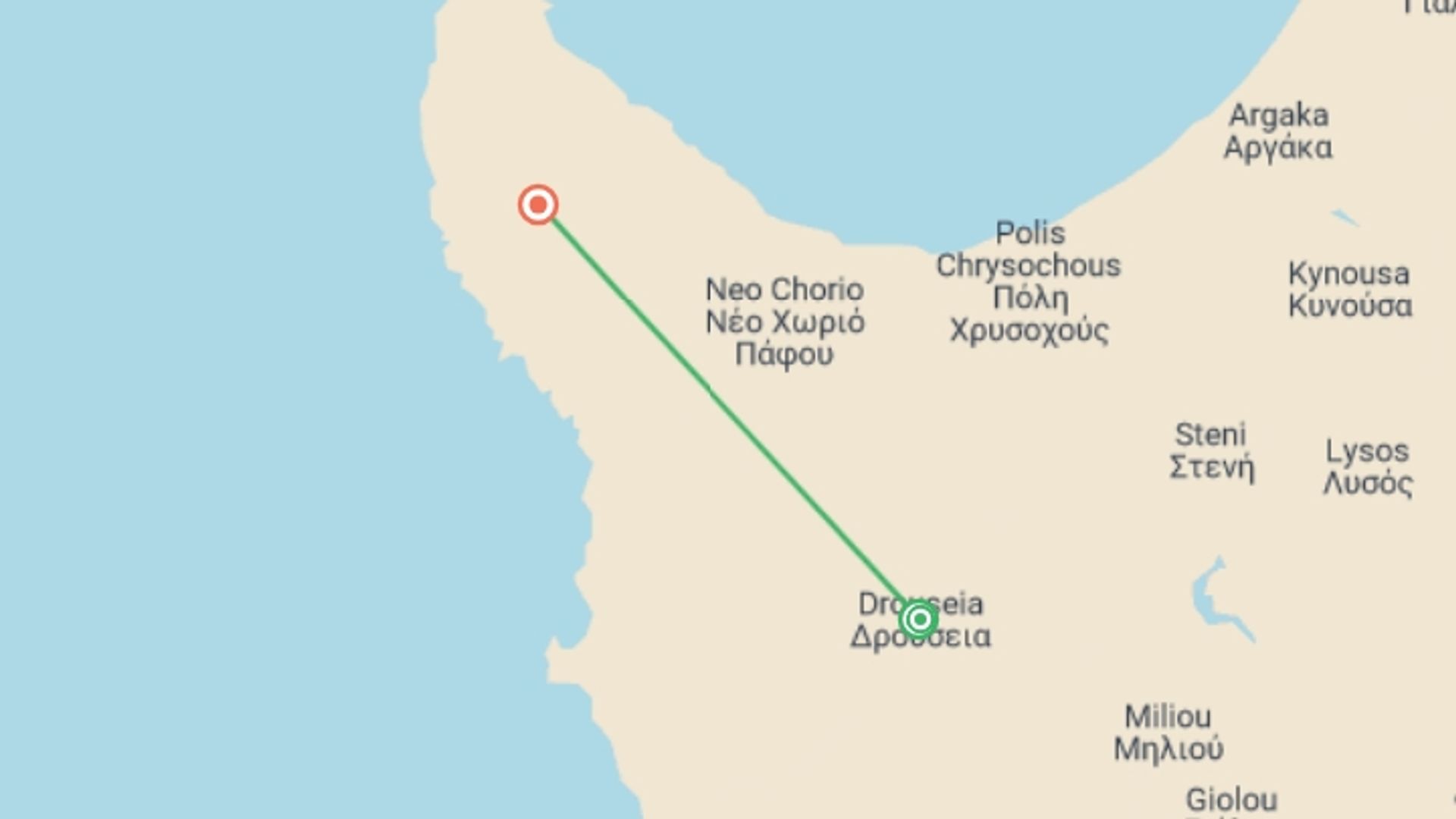 A map showing the tour itinerary for the trip: Walking the Akamas Peninsula, starting in Drouseia, Cyprus and ending in Akamas Peninsula, Cyprus going through 2 other destinations.