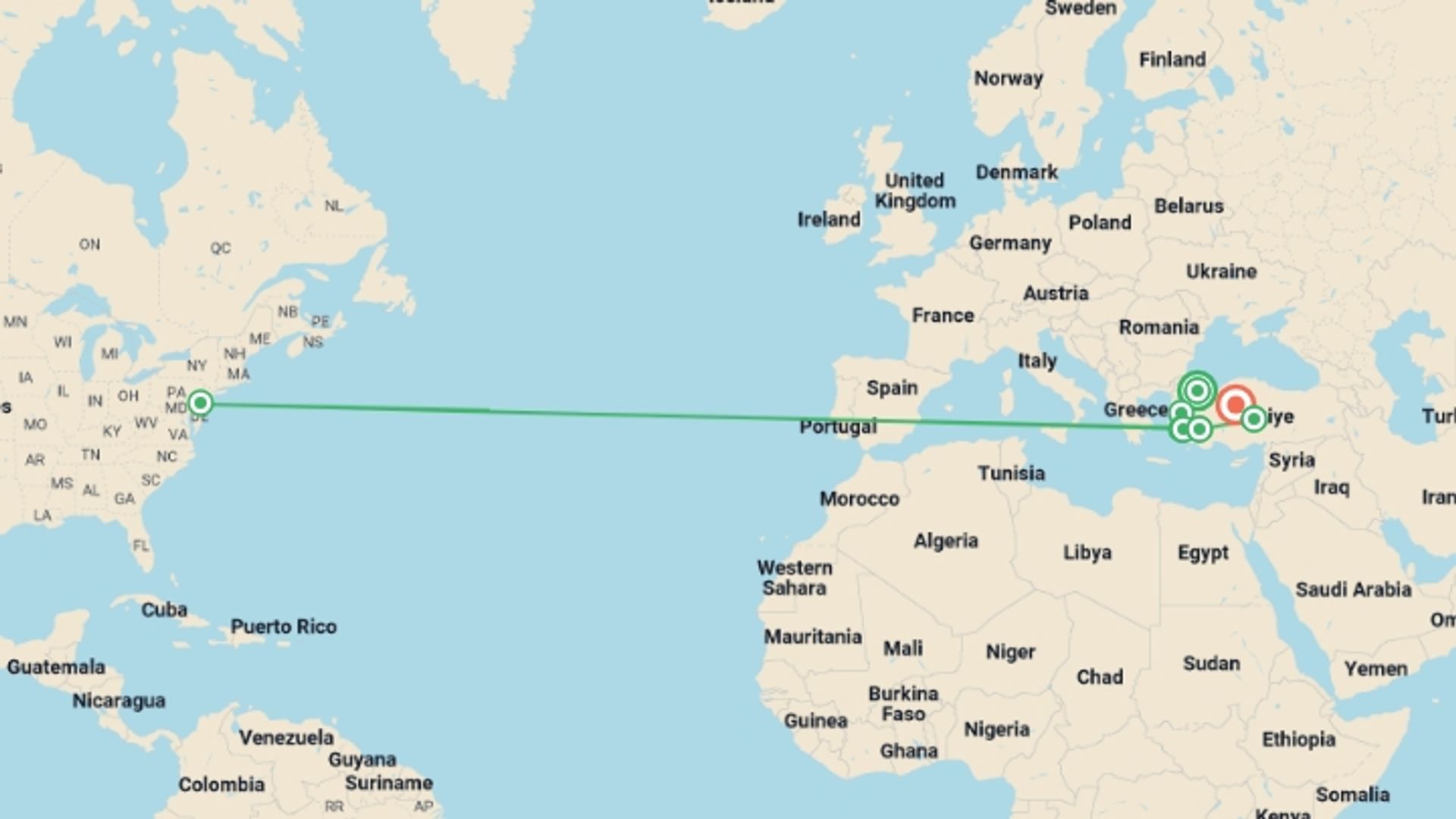 A map showing the tour itinerary for the trip: Turkey Highlight Tour with Seven Churches, starting in Istanbul, Turkey and ending in Ankara, Turkey going through 6 other destinations.