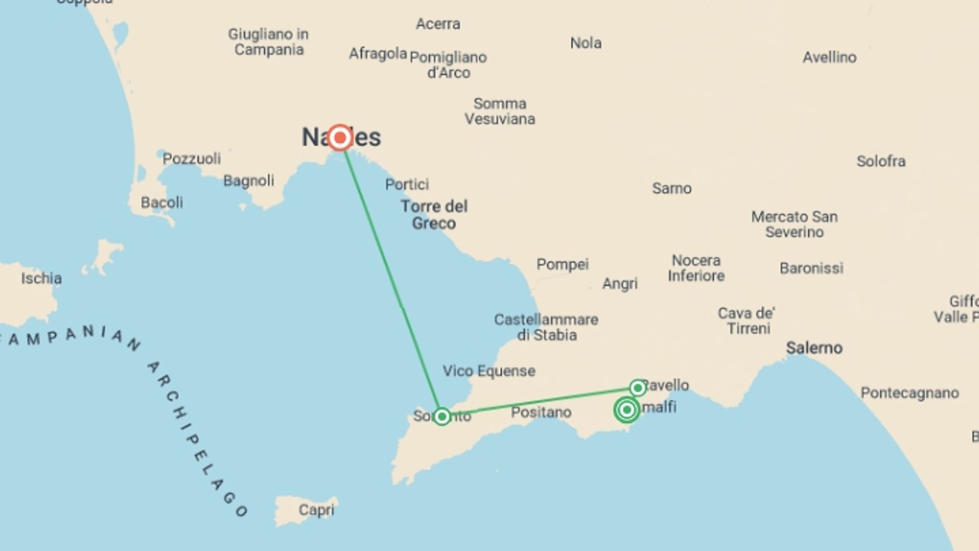 A map showing the tour itinerary for the trip: Hiking The Amalfi Coast, Private Tour, starting in Amalfi Coast & Campania, Italy and ending in Naples, Italy going through 2 other destinations.