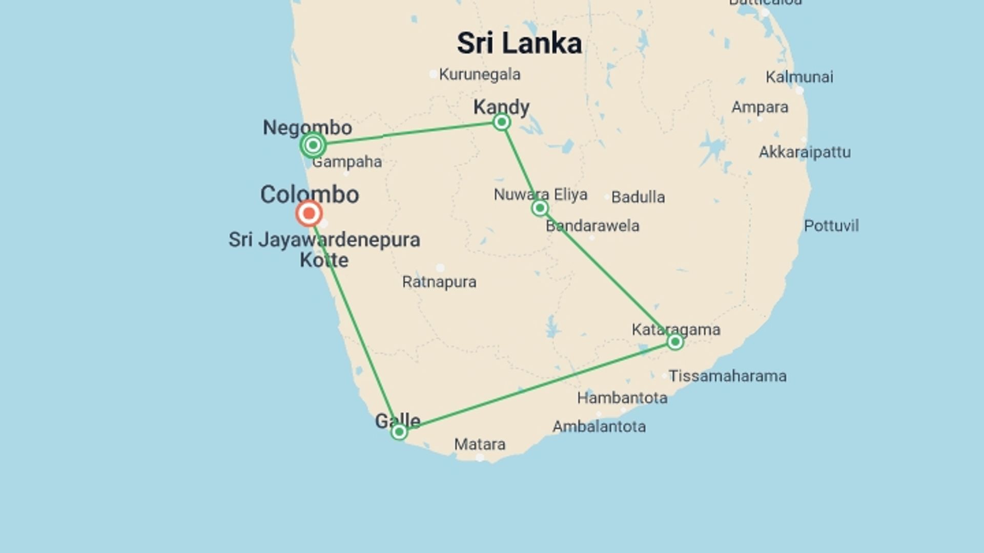 A map showing the tour itinerary for the trip: Ramayana Sri Lanka Tour, starting in Negombo, Sri Lanka and ending in Colombo, Sri Lanka going through 4 other destinations.