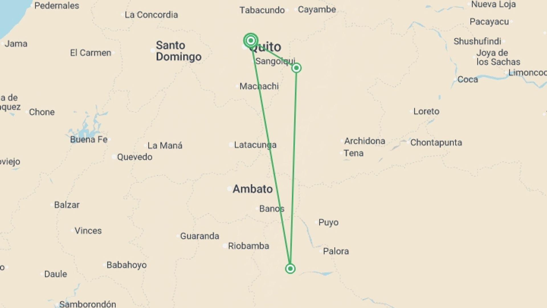 A map showing the tour itinerary for the trip: Ecuador Family Journey: Volcanoes and the Amazon, starting in Quito, Ecuador and ending in Quito, Ecuador going through 2 other destinations.