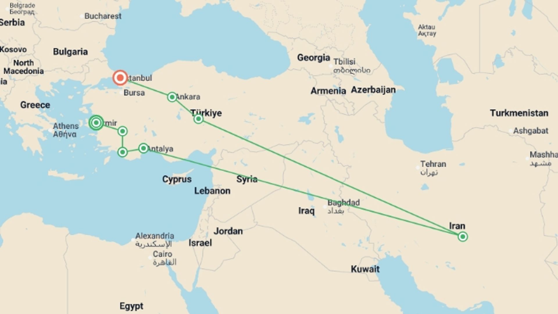 A map showing the tour itinerary for the trip: Essence of Turkey - 13 days, starting in Izmir, Turkey and ending in Istanbul, Turkey going through 6 other destinations.