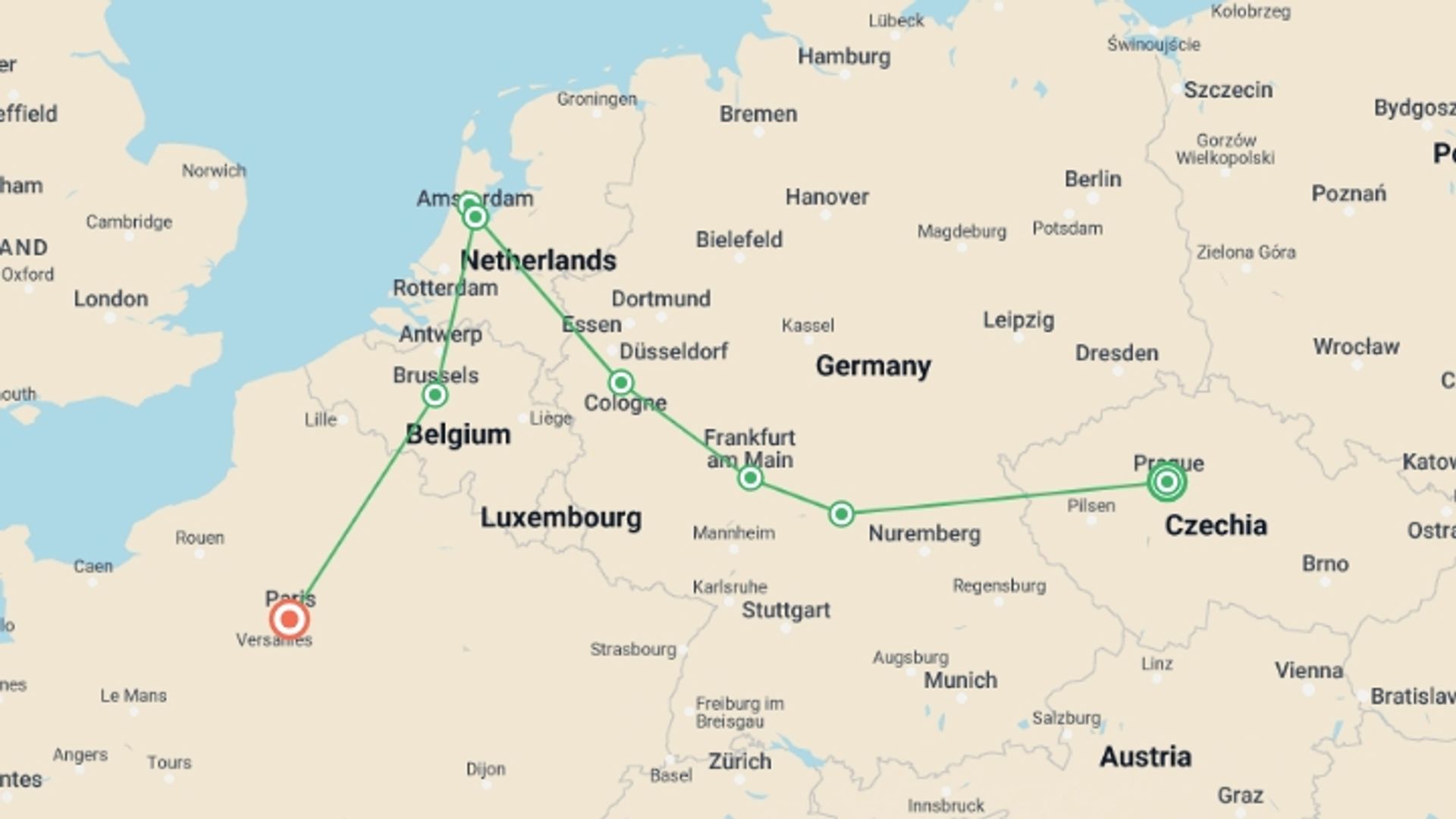 A map showing the tour itinerary for the trip: From Prague to Paris, starting in Prague, Czech Republic and ending in Paris, France going through 3 other destinations.