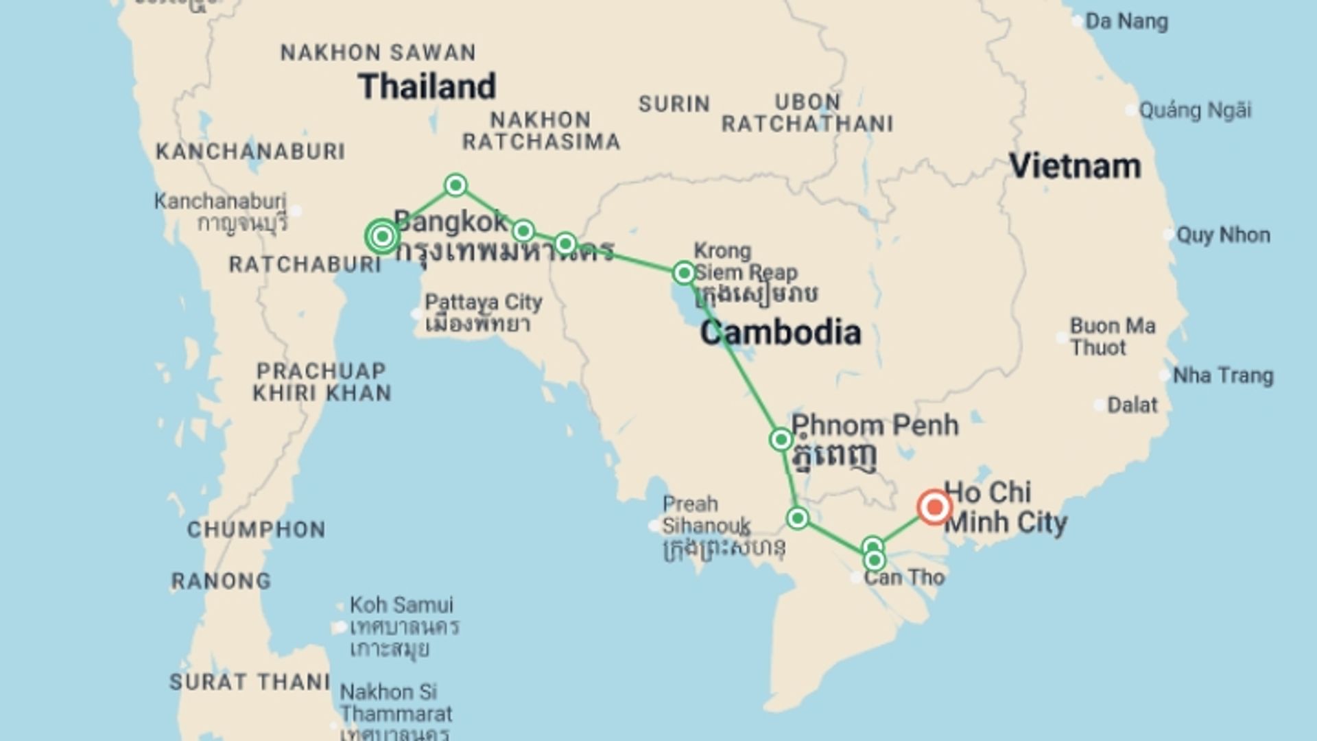 A map showing the tour itinerary for the trip: Cycle Indochina & Angkor, starting in Bangkok, Thailand and ending in Ho Chi Minh City, Vietnam going through 7 other destinations.