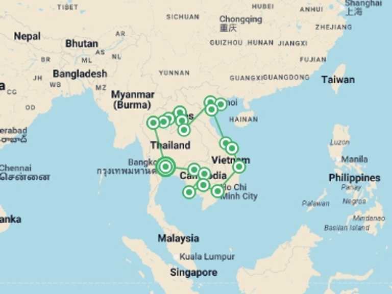 Map itinerary of Chiang Mai Tour in February 2026 with 18 destination visits for the trip: Epic South East Asia
