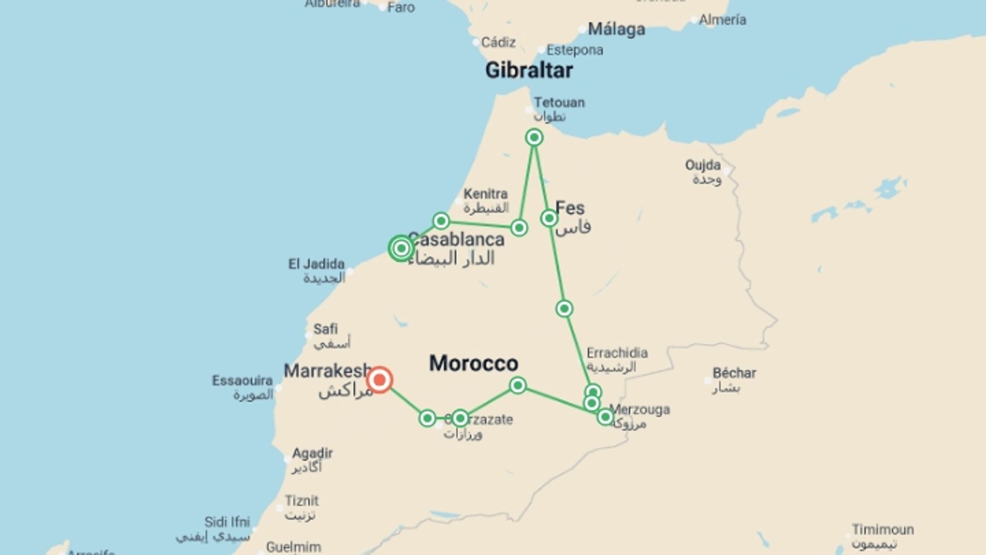 A map showing the tour itinerary for the trip: Majestic Morocco, starting in Casablanca, Morocco and ending in Marrakech, Morocco going through 6 other destinations.