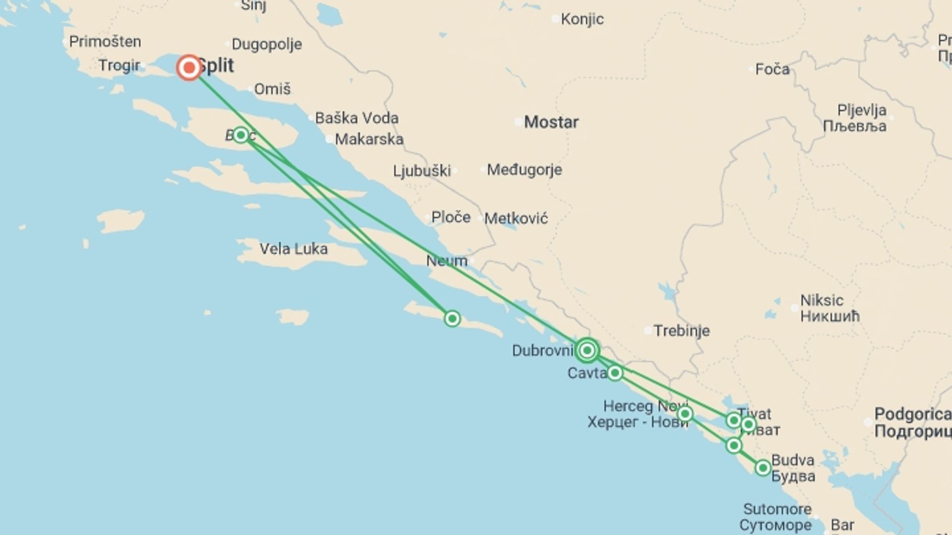 A map showing the tour itinerary for the trip: Montenegro & Croatia Sailing, starting in Dubrovnik, Croatia and ending in Split, Croatia going through 8 other destinations.