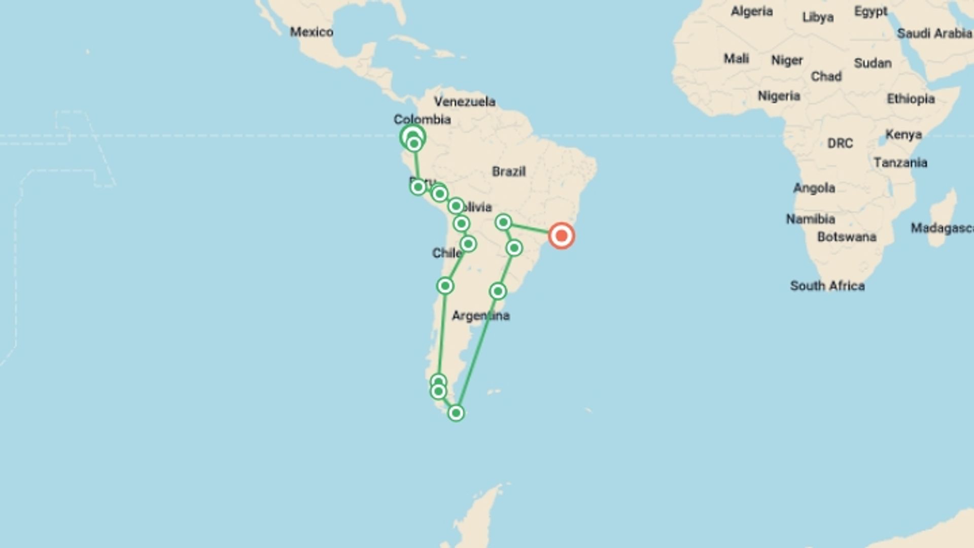 A map showing the tour itinerary for the trip: Quito To Rio (114 Days) Kingdoms & Carnivals, starting in Quito, Ecuador and ending in Rio de Janeiro, Brazil going through 14 other destinations.
