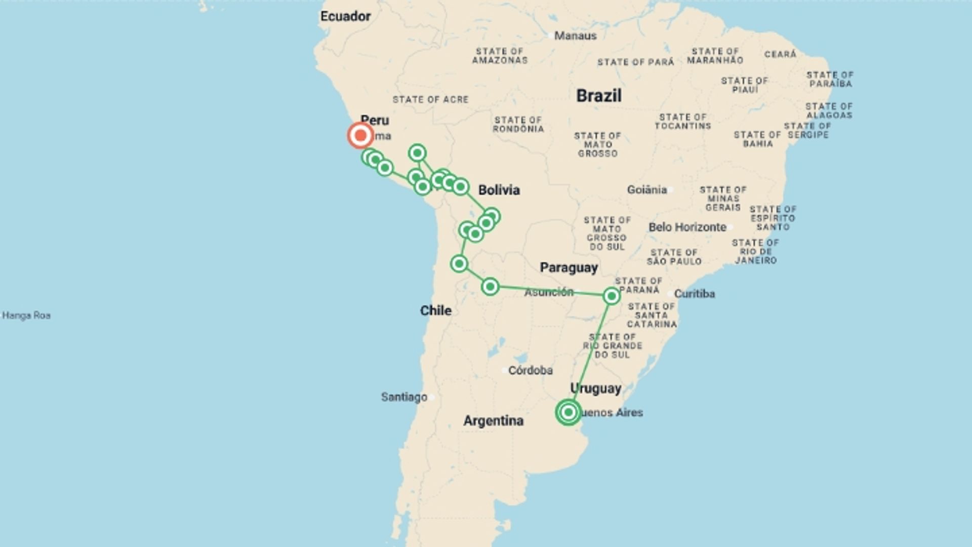 A map showing the tour itinerary for the trip: Buenos Aires to Lima (via Salta) Travel Pass, starting in Buenos Aires, Argentina and ending in Lima, Peru going through 17 other destinations.