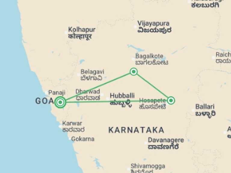 Map itinerary of India Tour in Summer with 3 destination visits for the trip: Hampi - 4 days