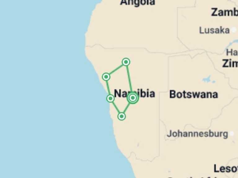 Map itinerary of Africa Tour in August 2026 with 5 destination visits for the trip: Premium Namibia