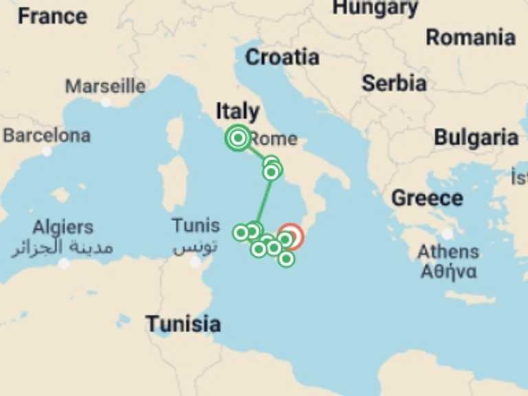 Map of Rome Cultural, religious and historic sites Tour with 7 destination visits for the trip: Sicily & Amalfi Coast Escape