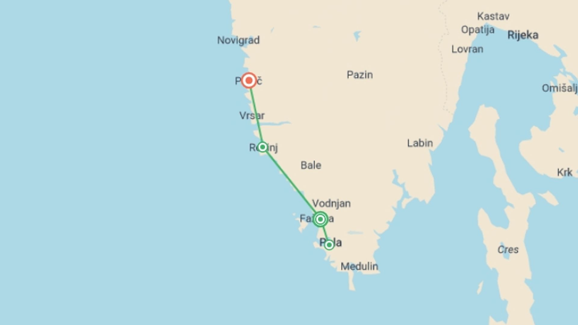 A map showing the tour itinerary for the trip: Coastal Croatia: Porec to Pula Cycling, starting in Fazana, Croatia and ending in Porec, Croatia going through 2 other destinations.