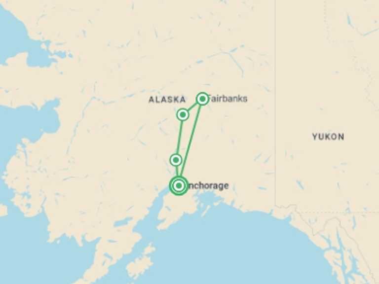 Map of a Northern lights Tour with 3 destination visits for the trip: Alaska's Northern Lights featuring the Alaska Wildlife Conservation Center